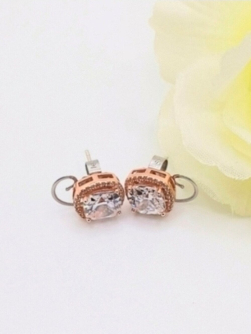 925 Sterling Rose Gold Halo Cubic Zirconia Stud Square Earrings